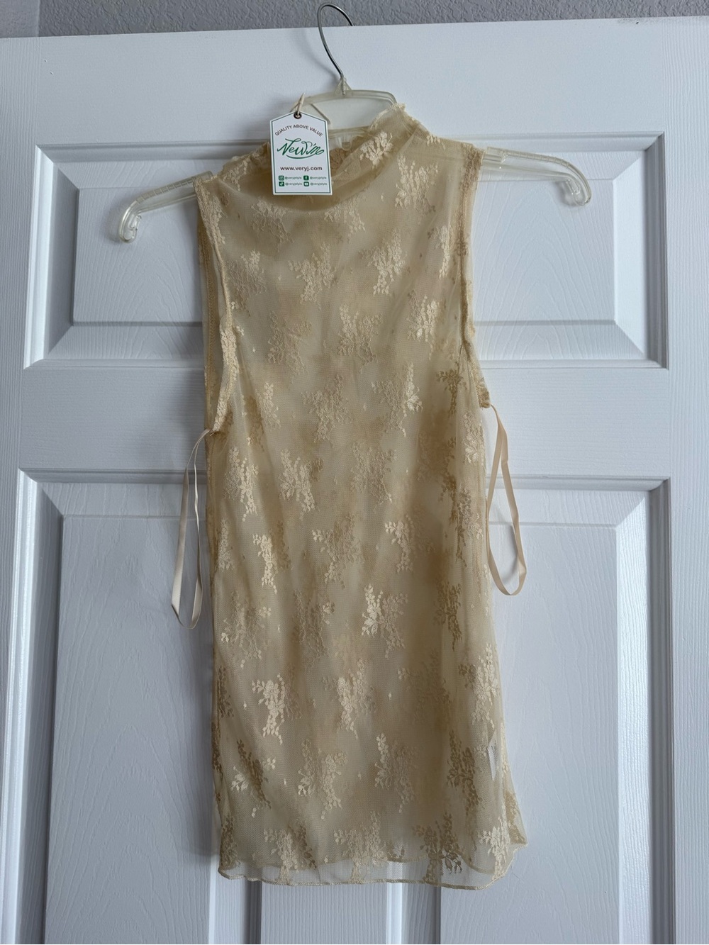 Sheer Floral Lace High-Neck Sleeveless Top in Light Beige
